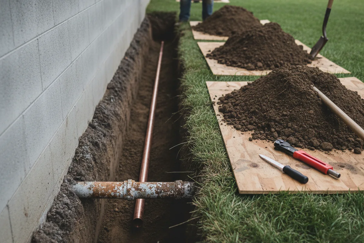 Excavated water line trench during Sewer Line Repair in Elwood